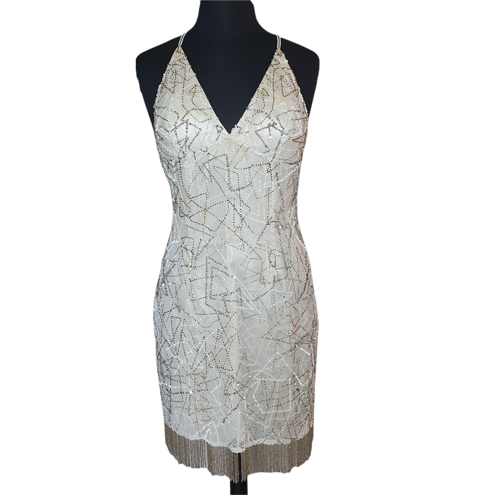 Scala Ivory Beaded Fringe Cocktail Dress